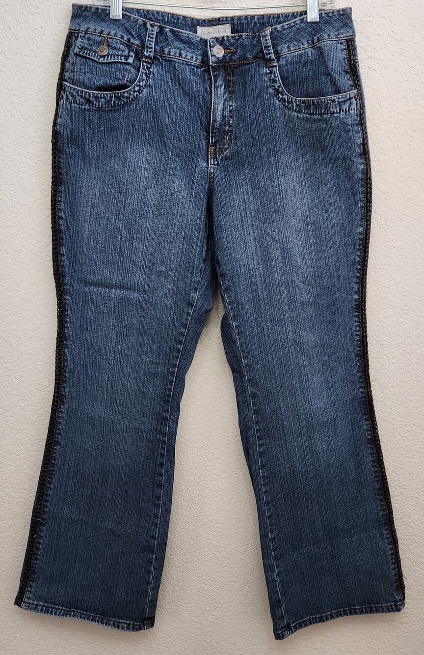 Coldwater Creek Blue Black Leather "Braided Look" Seams Jeans 14P Lightweight